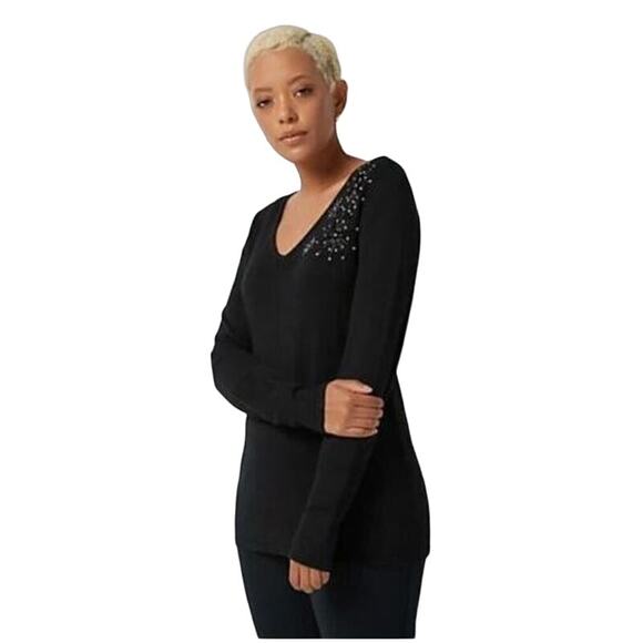 Jason Wu  V-Neck Sweater w/ Beaded Detail Size Large Black - Picture 1 of 7